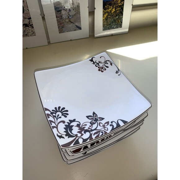 Mikasa Gourmet Basics Chocolate Swirl Salad Plates White Brown Scroll Floral - Picture 1 of 3